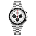 Speedmaster (White) Seiko VK63 meca-quartz chronograph mod watch. A white dial watch with a tachymeter bezel and a steel bracelet, shown in a full product shot.