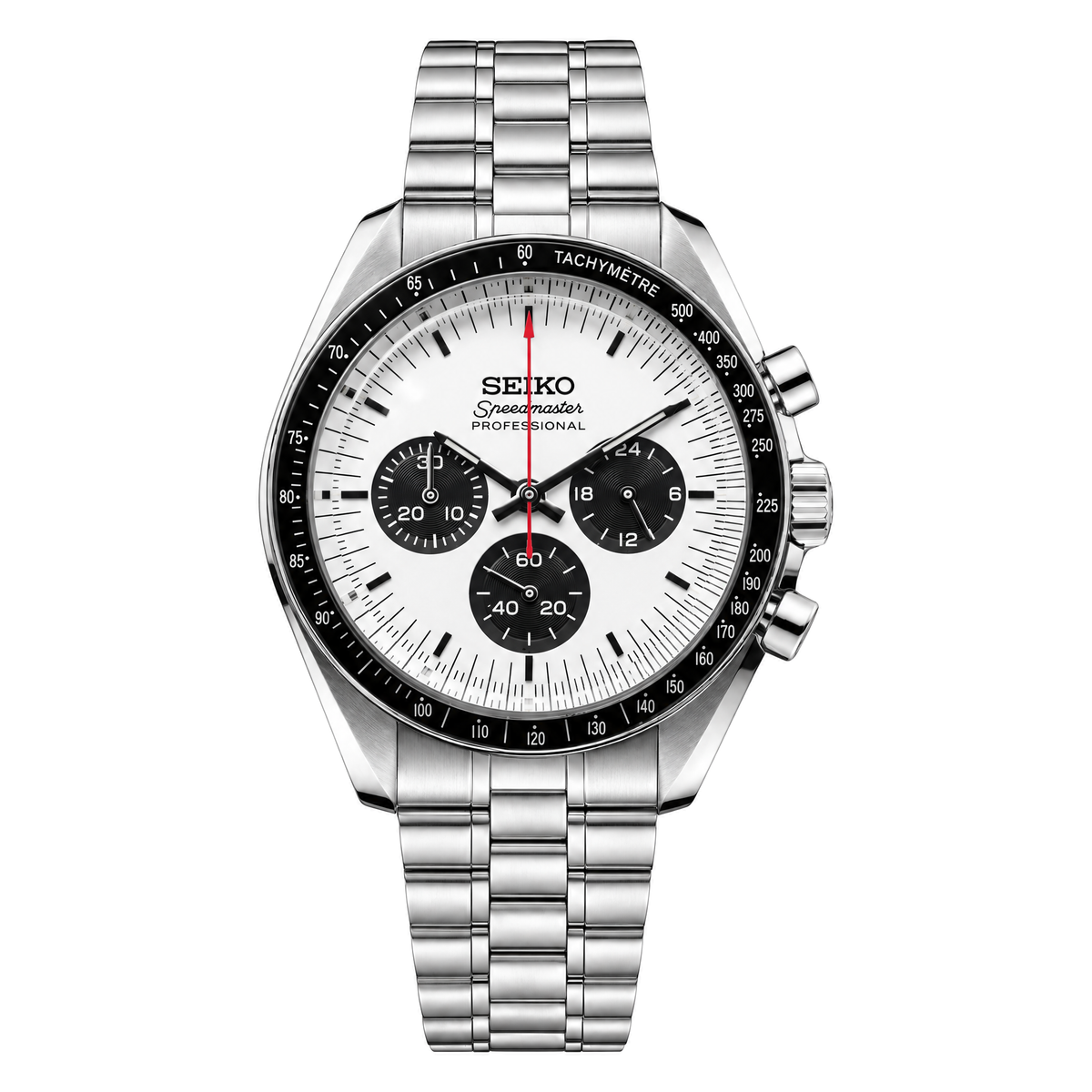 Speedmaster (White) Seiko VK63 meca-quartz chronograph mod watch. A white dial watch with a tachymeter bezel and a steel bracelet, shown in a full product shot.