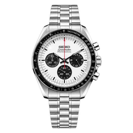Speedmaster (White) Seiko VK63 meca-quartz chronograph mod watch. A white dial watch with a tachymeter bezel and a steel bracelet, shown in a full product shot.