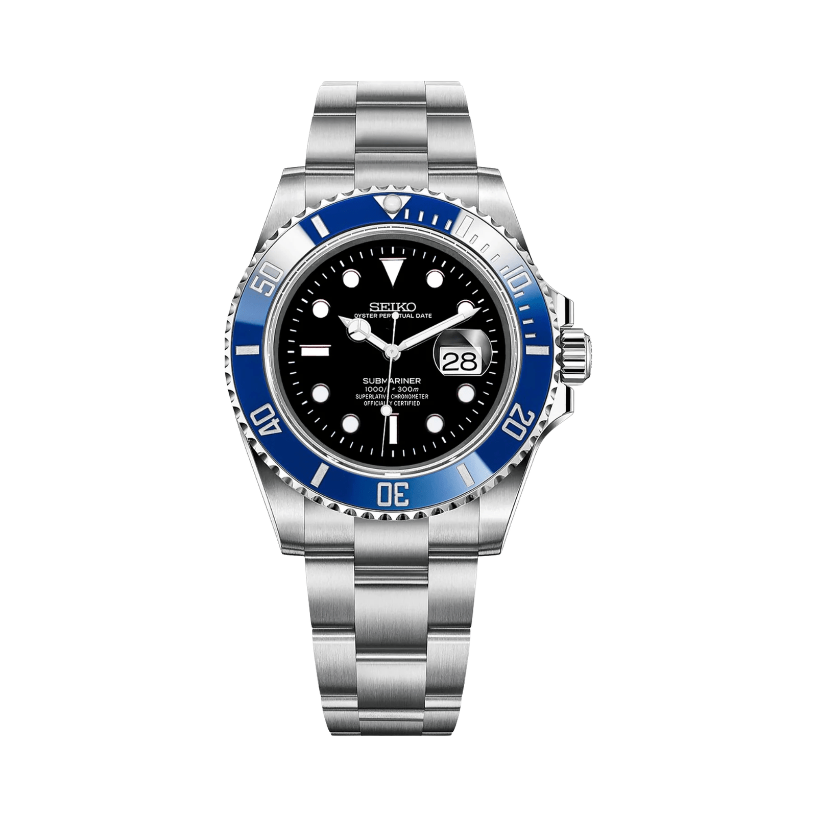 Submariner (Black Blue) Seiko NH35 automatic mod watch. A black dial watch with a rotating dive bezel and a steel bracelet, shown in a full product shot.