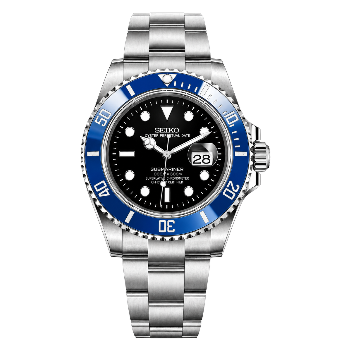 Submariner (Black Blue) Seiko NH35 automatic mod watch. A black dial watch with a rotating dive bezel and a steel bracelet, shown in a full product shot.