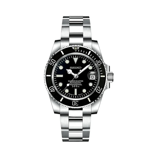 Submariner (Black) Seiko NH35 automatic mod watch. A black dial watch with a black bezel on a metal bracelet shown in a full watch shot.