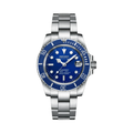 Submariner (Blue) Seiko NH35 automatic mod watch. A blue dial watch with a blue bezel on a silver metal link bracelet shown in a full watch shot.