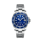 Submariner (Blue) Seiko NH35 automatic mod watch. A blue dial watch with a blue bezel on a silver metal link bracelet shown in a full watch shot.