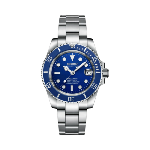 Submariner (Blue) Seiko NH35 automatic mod watch. A blue dial watch with a blue bezel on a silver metal link bracelet shown in a full watch shot.