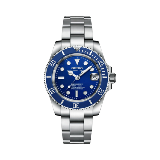 Submariner (Blue) Seiko NH35 automatic mod watch. A blue dial watch with a blue bezel on a silver metal link bracelet shown in a full watch shot.
