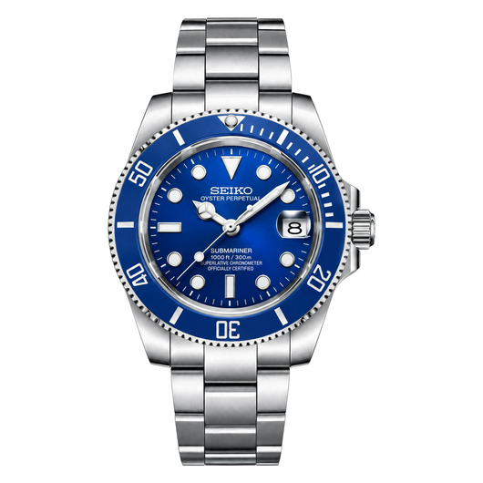 Submariner (Blue) Seiko NH35 automatic mod watch. A blue dial watch with a blue bezel on a silver metal link bracelet shown in a full watch shot.