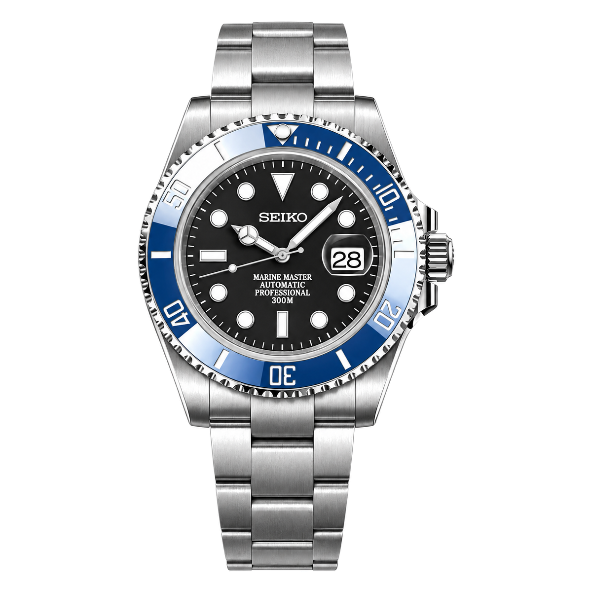 Submariner (Cookie Monster) Seiko NH35 automatic mod watch. A black dial watch with a rotating dive bezel and a steel bracelet, shown in a full product shot.