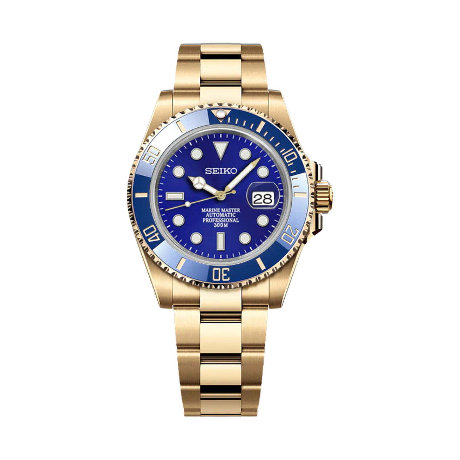 Submariner (Gold Blue) Seiko NH35 automatic mod watch. A blue dial watch with a rotating dive bezel and a steel bracelet, shown in a full product shot.