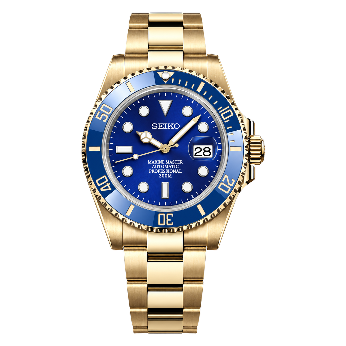 Submariner (Gold Blue) Seiko NH35 automatic mod watch. A blue dial watch with a rotating dive bezel and a steel bracelet, shown in a full product shot.