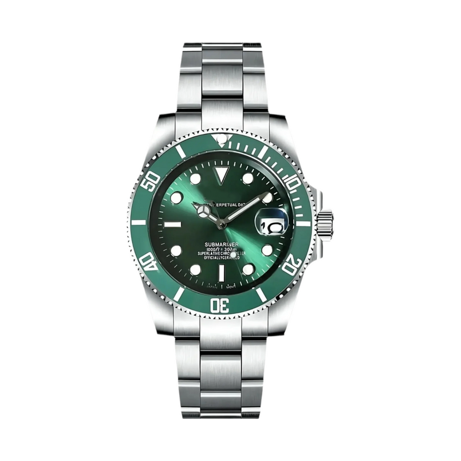 Submariner (Hulk) Seiko NH35 automatic mod watch. A green dial watch with a green bezel on a silver metal link bracelet shown in a full watch shot.