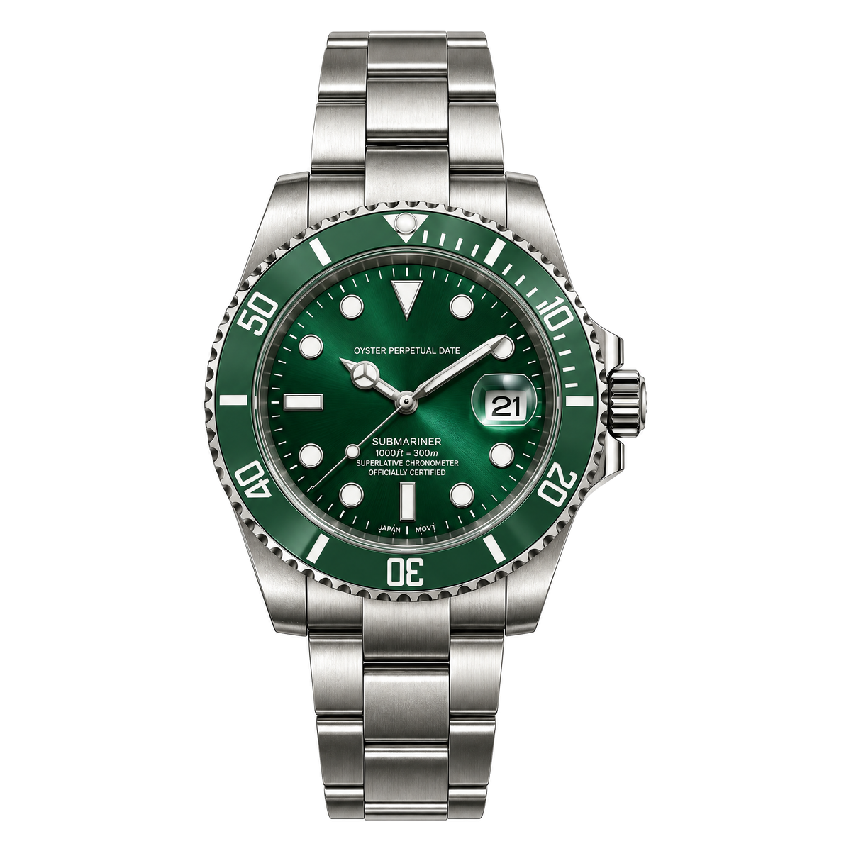 Submariner (Hulk) Seiko NH35 automatic mod watch. A green dial watch with a green bezel on a silver metal link bracelet shown in a full watch shot.