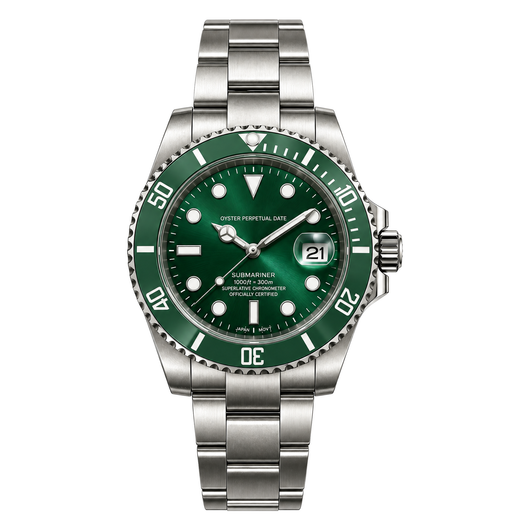 Submariner (Hulk) Seiko NH35 automatic mod watch. A green dial watch with a green bezel on a silver metal link bracelet shown in a full watch shot.