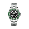 Submariner (Kermit) Seiko NH35 automatic mod watch. A black dial watch with a green bezel on a metal link bracelet shown in a full watch shot.
