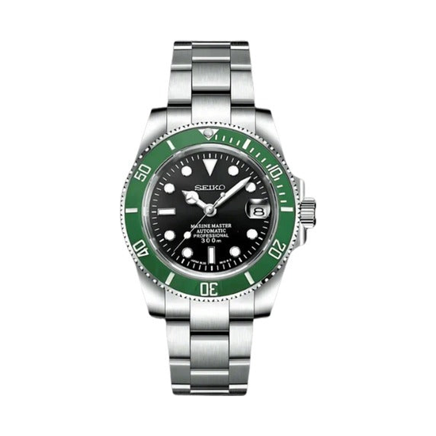Submariner (Kermit) Seiko NH35 automatic mod watch. A black dial watch with a green bezel on a metal link bracelet shown in a full watch shot.