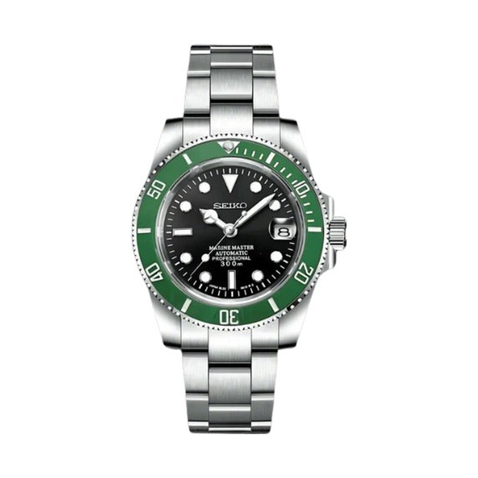 Submariner (Kermit) Seiko NH35 automatic mod watch. A black dial watch with a green bezel on a metal link bracelet shown in a full watch shot.