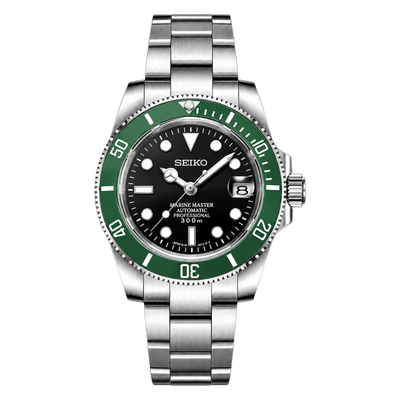 Submariner (Kermit) Seiko NH35 automatic mod watch. A black dial watch with a green bezel on a metal link bracelet shown in a full watch shot.