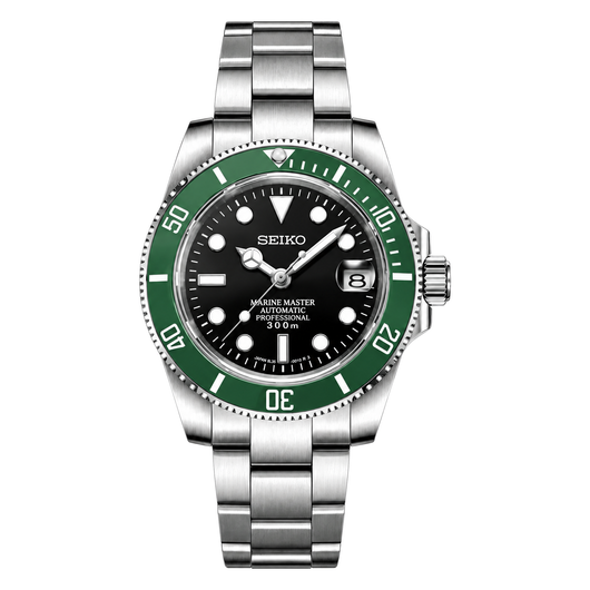 Submariner (Kermit) Seiko NH35 automatic mod watch. A black dial watch with a green bezel on a metal link bracelet shown in a full watch shot.