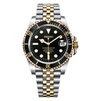 Submariner (Two Tone Black) Seiko NH35 automatic mod watch. A black dial watch with a rotating dive bezel and a jubilee bracelet, shown in a full product shot.