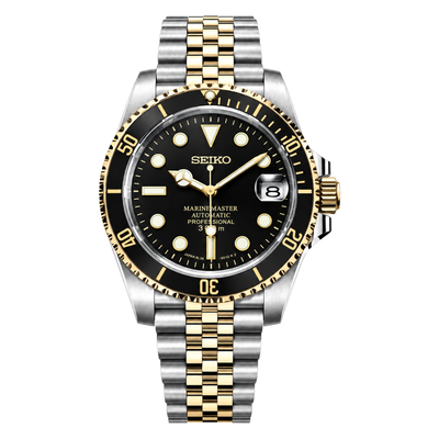 Submariner (Two Tone Black) Seiko NH35 automatic mod watch. A black dial watch with a rotating dive bezel and a jubilee bracelet, shown in a full product shot.