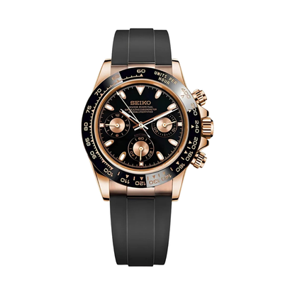 Daytona (Black & Rose Gold) Seiko VK63 meca-quartz chronograph mod watch. A black dial watch with a black bezel and black rubber strap shown in a full watch shot.