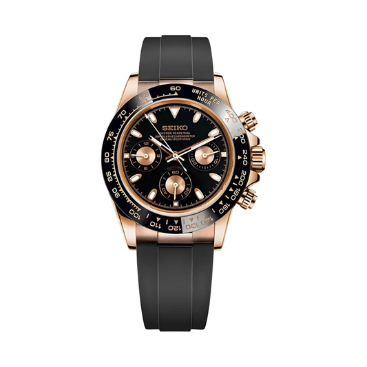 Daytona (Black & Rose Gold) Seiko VK63 meca-quartz chronograph mod watch. A black dial watch with a black bezel and black rubber strap shown in a full watch shot.
