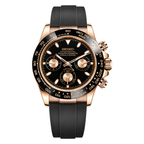 Daytona (Black & Rose Gold) Seiko VK63 meca-quartz chronograph mod watch. A black dial watch with a black bezel and black rubber strap shown in a full watch shot.