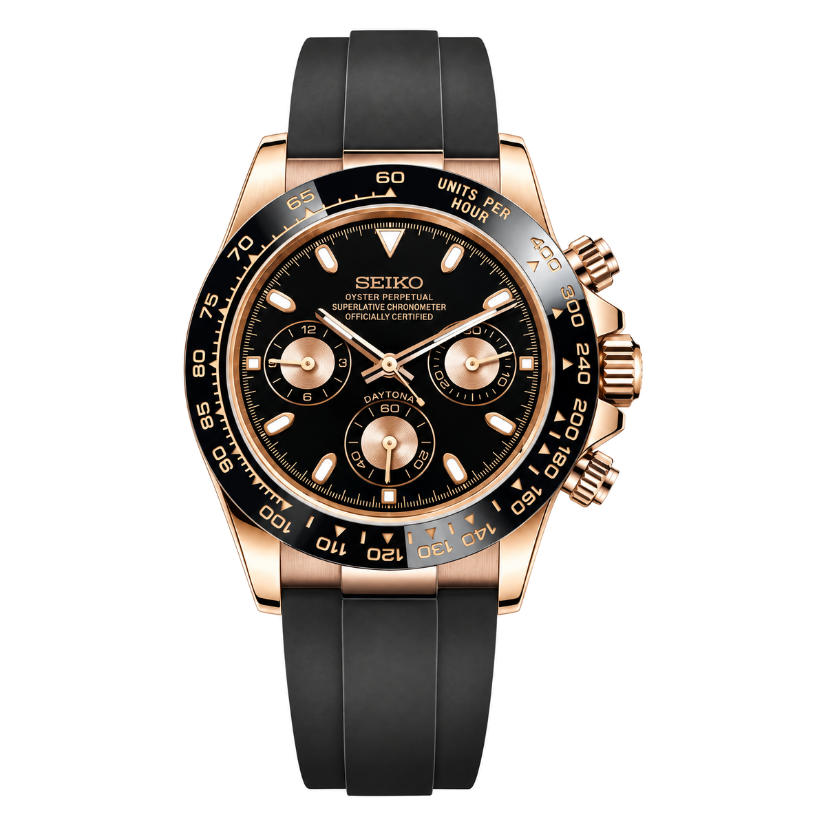 Daytona (Black & Rose Gold) Seiko VK63 meca-quartz chronograph mod watch. A black dial watch with a black bezel and black rubber strap shown in a full watch shot.