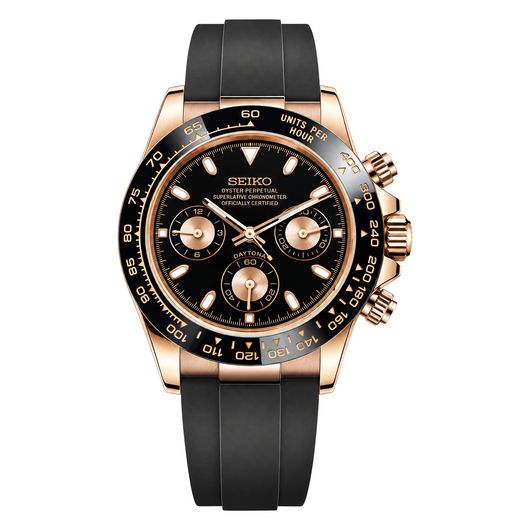 Daytona (Black & Rose Gold) Seiko VK63 meca-quartz chronograph mod watch. A black dial watch with a black bezel and black rubber strap shown in a full watch shot.