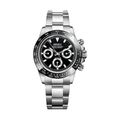 Daytona (Black) Seiko VK63 meca-quartz chronograph mod watch. A black dial watch with a tachymeter bezel and a steel bracelet, shown in a full product shot.