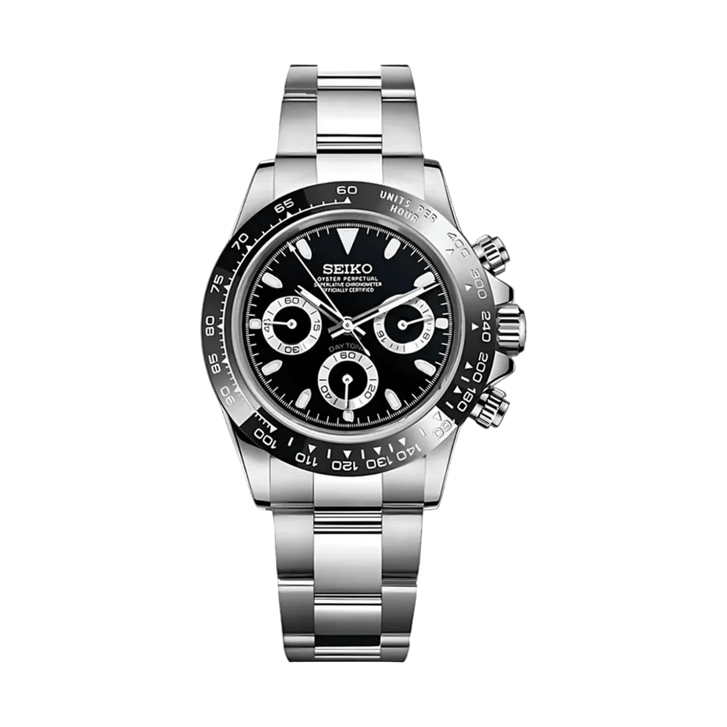 Daytona (Black) Seiko VK63 meca-quartz chronograph mod watch. A black dial watch with a tachymeter bezel and a steel bracelet, shown in a full product shot.