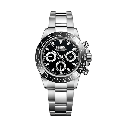 Daytona (Black) Seiko VK63 meca-quartz chronograph mod watch. A black dial watch with a tachymeter bezel and a steel bracelet, shown in a full product shot.