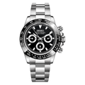 Daytona (Black) Seiko VK63 meca-quartz chronograph mod watch. A black dial watch with a tachymeter bezel and a steel bracelet, shown in a full product shot.