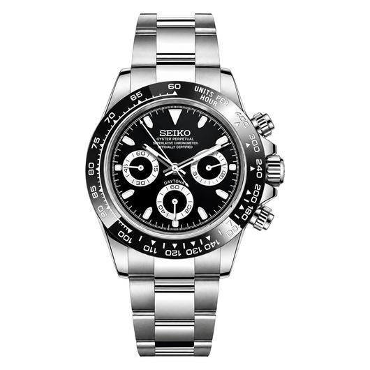 Daytona (Black) Seiko VK63 meca-quartz chronograph mod watch. A black dial watch with a tachymeter bezel and a steel bracelet, shown in a full product shot.
