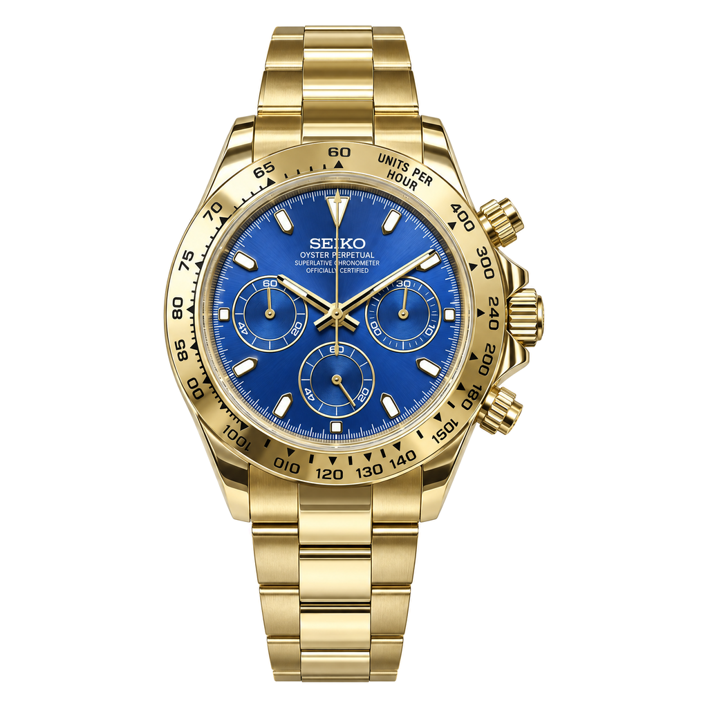 Daytona (Blue Gold) Japanese meca-quartz chronograph mod watch. A full watch shot showing a blue dial with blue sub-dials, a gold tachymeter bezel and a gold oyster bracelet.