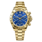 Daytona (Blue Gold) Japanese meca-quartz chronograph mod watch. A full watch shot showing a blue dial with blue sub-dials, a gold tachymeter bezel and a gold oyster bracelet.