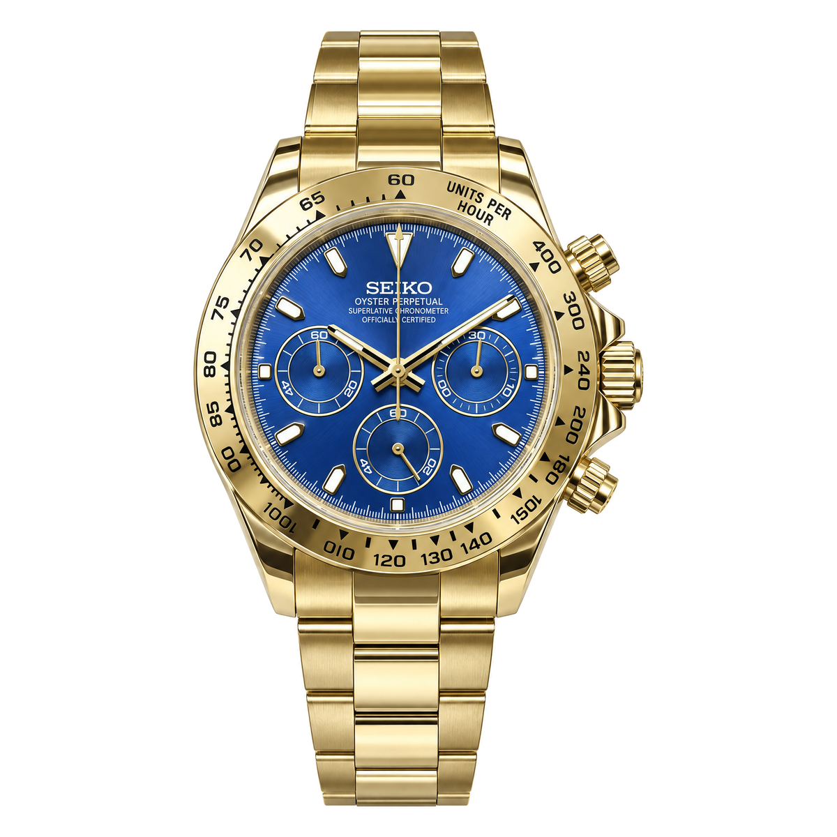 Daytona (Blue Gold) Japanese meca-quartz chronograph mod watch. A full watch shot showing a blue dial with blue sub-dials, a gold tachymeter bezel and a gold oyster bracelet.