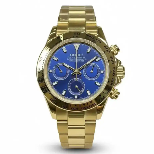 SeikTona (Blue Gold) Japanese meca-quartz chronograph mod watch. A full watch shot showing a blue dial with blue sub-dials, a gold tachymeter bezel and a gold oyster bracelet.