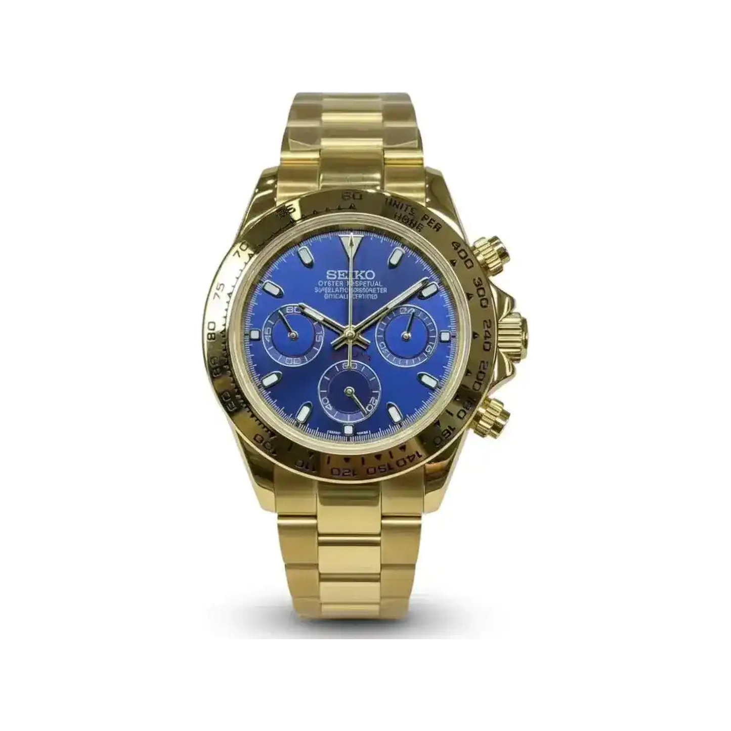 Daytona (Blue Gold) Japanese meca-quartz chronograph mod watch. A full watch shot showing a blue dial with blue sub-dials, a gold tachymeter bezel and a gold oyster bracelet.