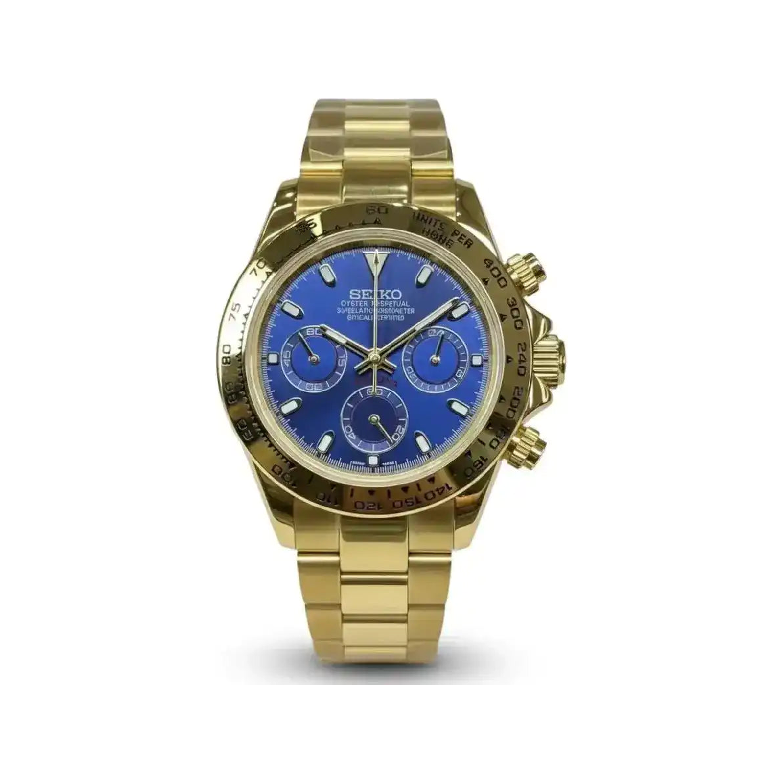 Daytona (Blue Gold) Japanese meca-quartz chronograph mod watch. A full watch shot showing a blue dial with blue sub-dials, a gold tachymeter bezel and a gold oyster bracelet.