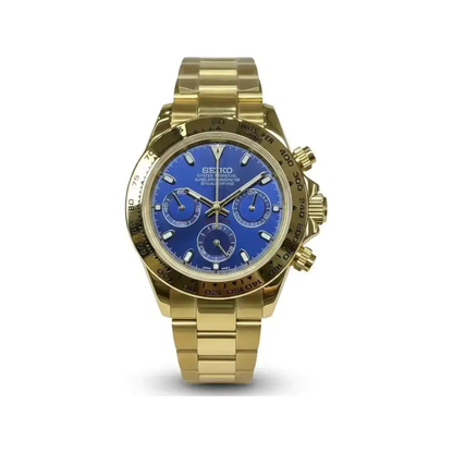 Daytona (Blue Gold) Japanese meca-quartz chronograph mod watch. A full watch shot showing a blue dial with blue sub-dials, a gold tachymeter bezel and a gold oyster bracelet.