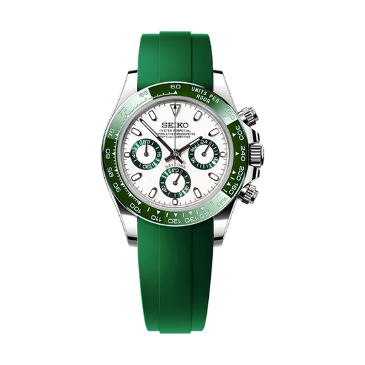 Daytona (Emerald) Seiko VK63 meca-quartz chronograph mod watch. A white dial watch with a tachymeter bezel and a rubber strap, shown in a full product shot.