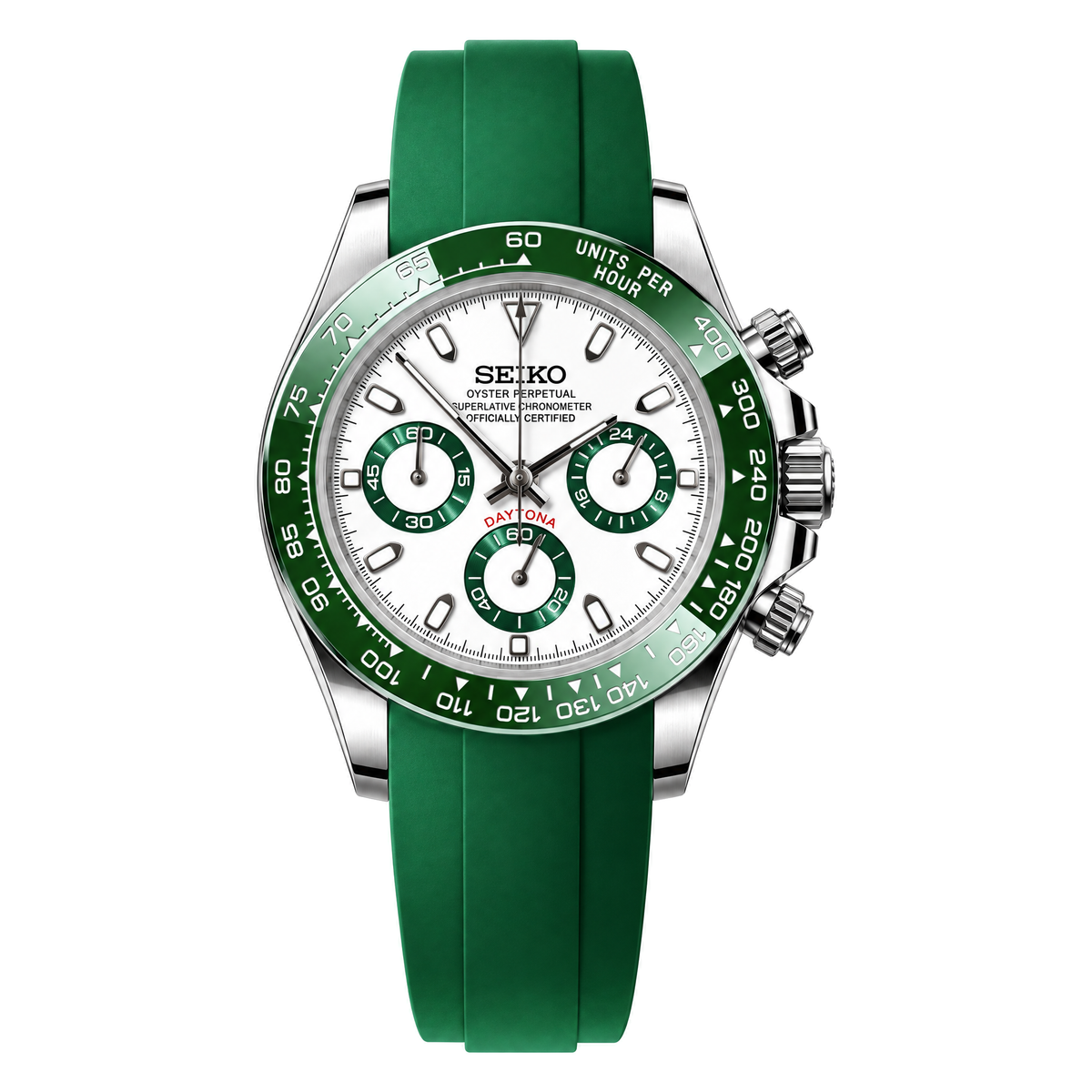 Daytona (Emerald) Seiko VK63 meca-quartz chronograph mod watch. A white dial watch with a tachymeter bezel and a rubber strap, shown in a full product shot.