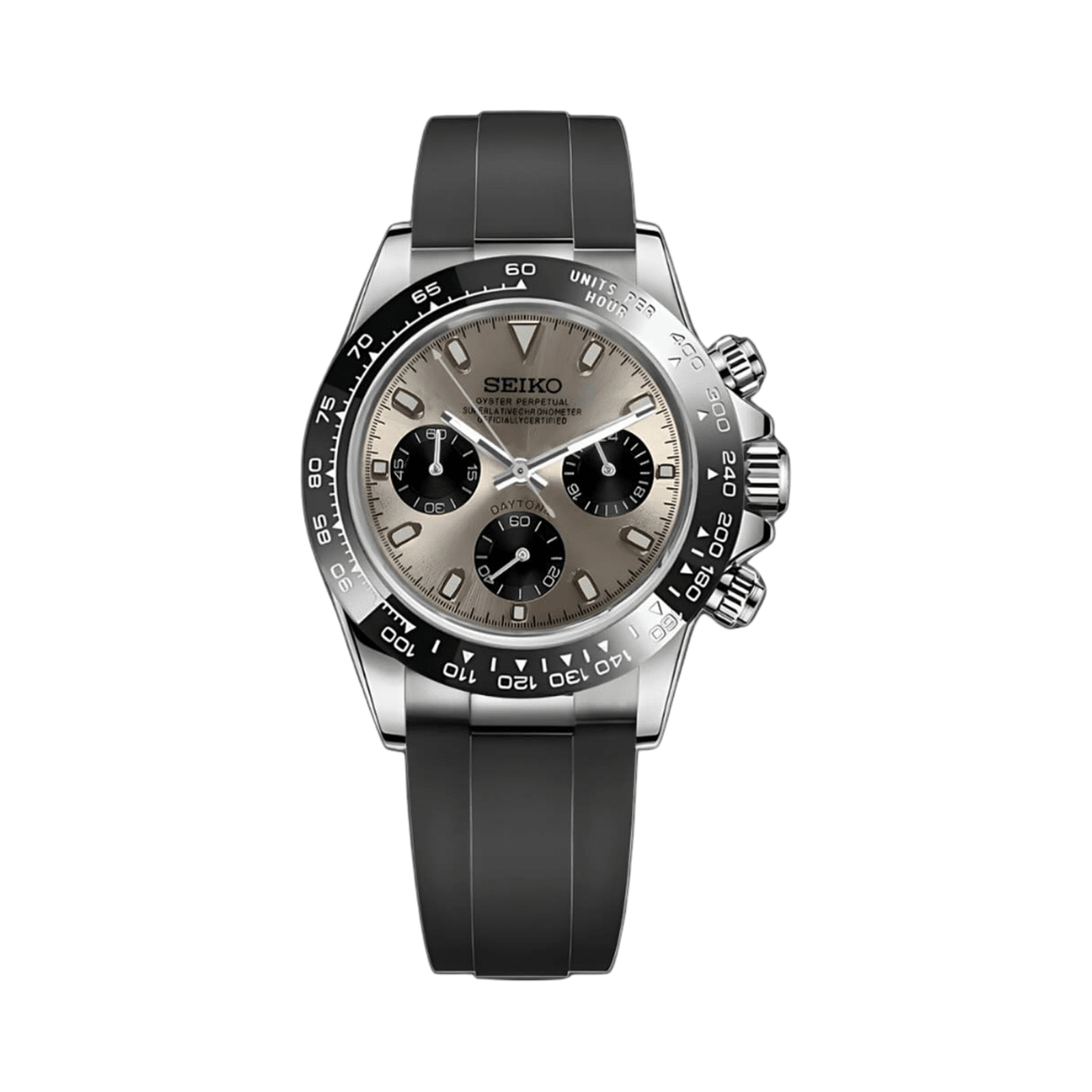 Daytona (Ghost) Seiko VK63 meca-quartz chronograph mod watch. A grey dial watch with a tachymeter bezel and a rubber strap, shown in a full product shot.