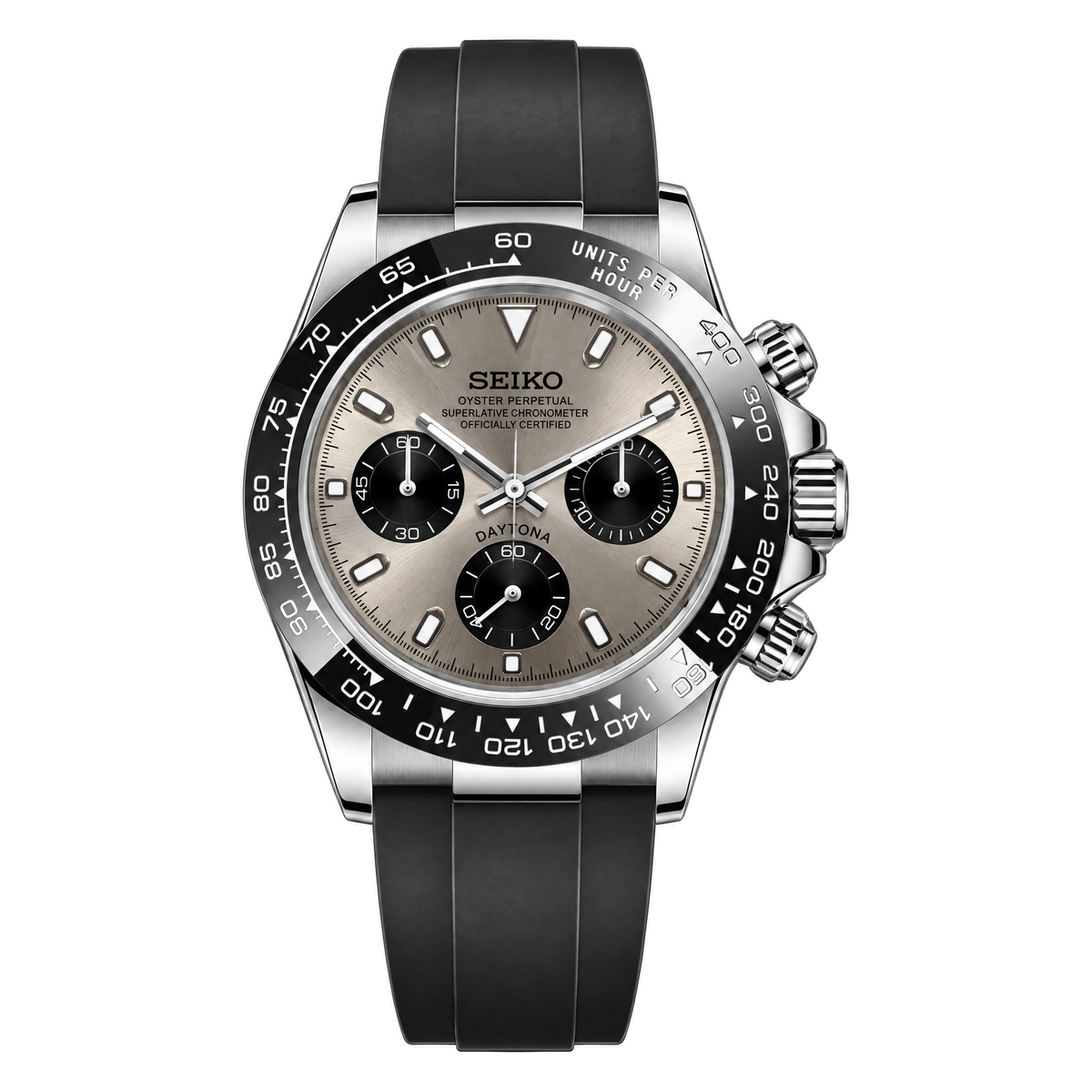 Daytona (Ghost) Seiko VK63 meca-quartz chronograph mod watch. A grey dial watch with a tachymeter bezel and a rubber strap, shown in a full product shot.