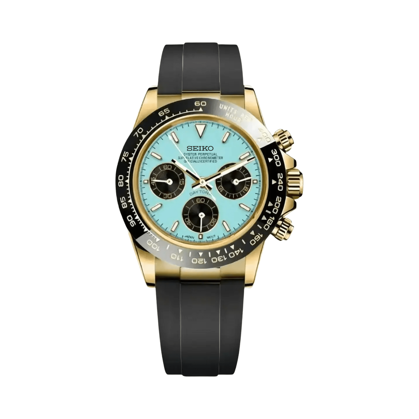 Daytona (Gold Tiffany) Seiko VK63 meca-quartz chronograph mod watch. A ice blue dial watch with a tachymeter bezel and a rubber strap, shown in a full product shot.