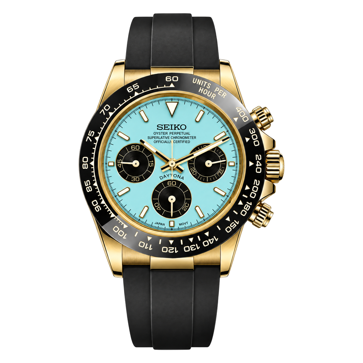 Daytona (Gold Tiffany) Seiko VK63 meca-quartz chronograph mod watch. A ice blue dial watch with a tachymeter bezel and a rubber strap, shown in a full product shot.
