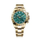 Daytona (Green & Gold) Seiko VK63 meca-quartz chronograph mod watch. A full watch shot shows a green dial with a gold bezel and a gold metal link bracelet on a display cushion.