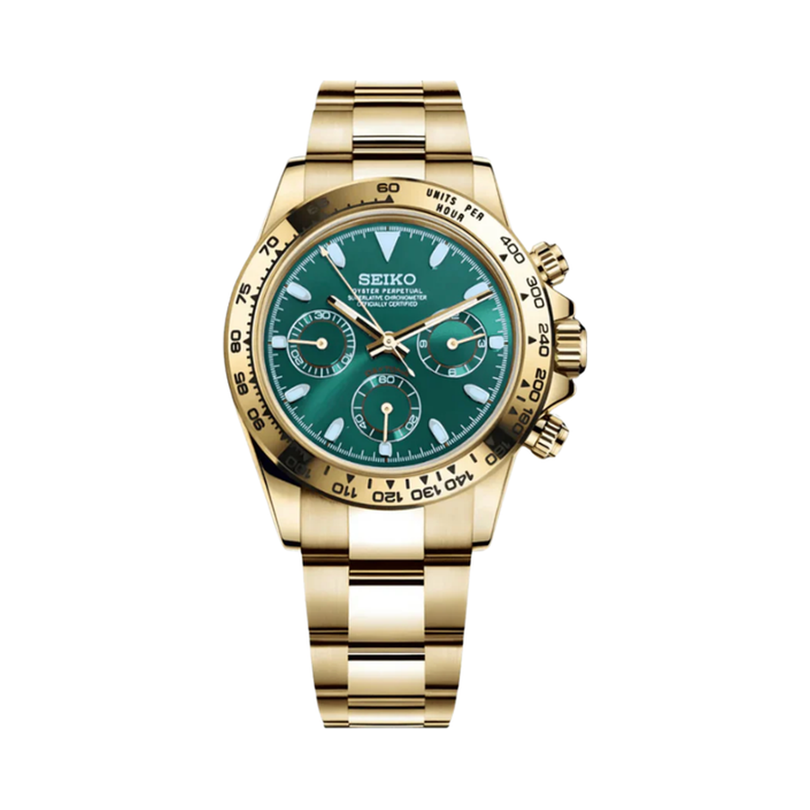Daytona (Green & Gold) Seiko VK63 meca-quartz chronograph mod watch. A full watch shot shows a green dial with a gold bezel and a gold metal link bracelet on a display cushion.