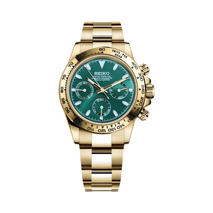 Daytona (Green & Gold) Seiko VK63 meca-quartz chronograph mod watch. A full watch shot shows a green dial with a gold bezel and a gold metal link bracelet on a display cushion.